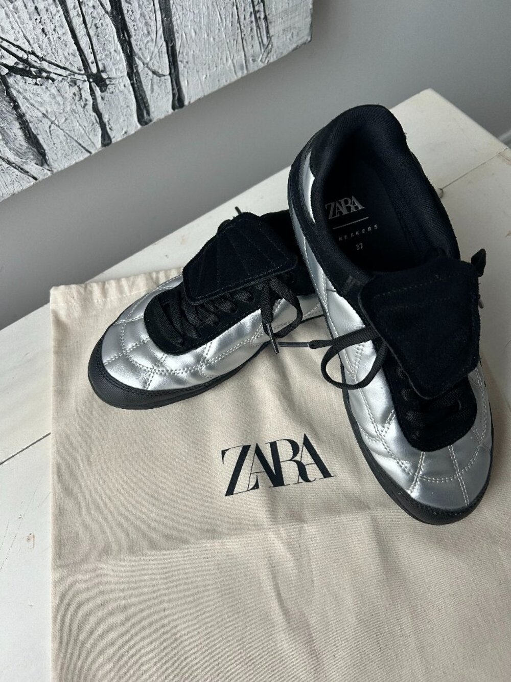 Zara Silver Quilted Sneakers Sz 37